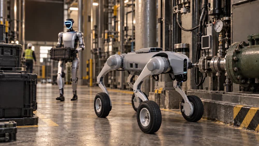 A humanoid and a wheeled quadruped working together in an industrial facility.