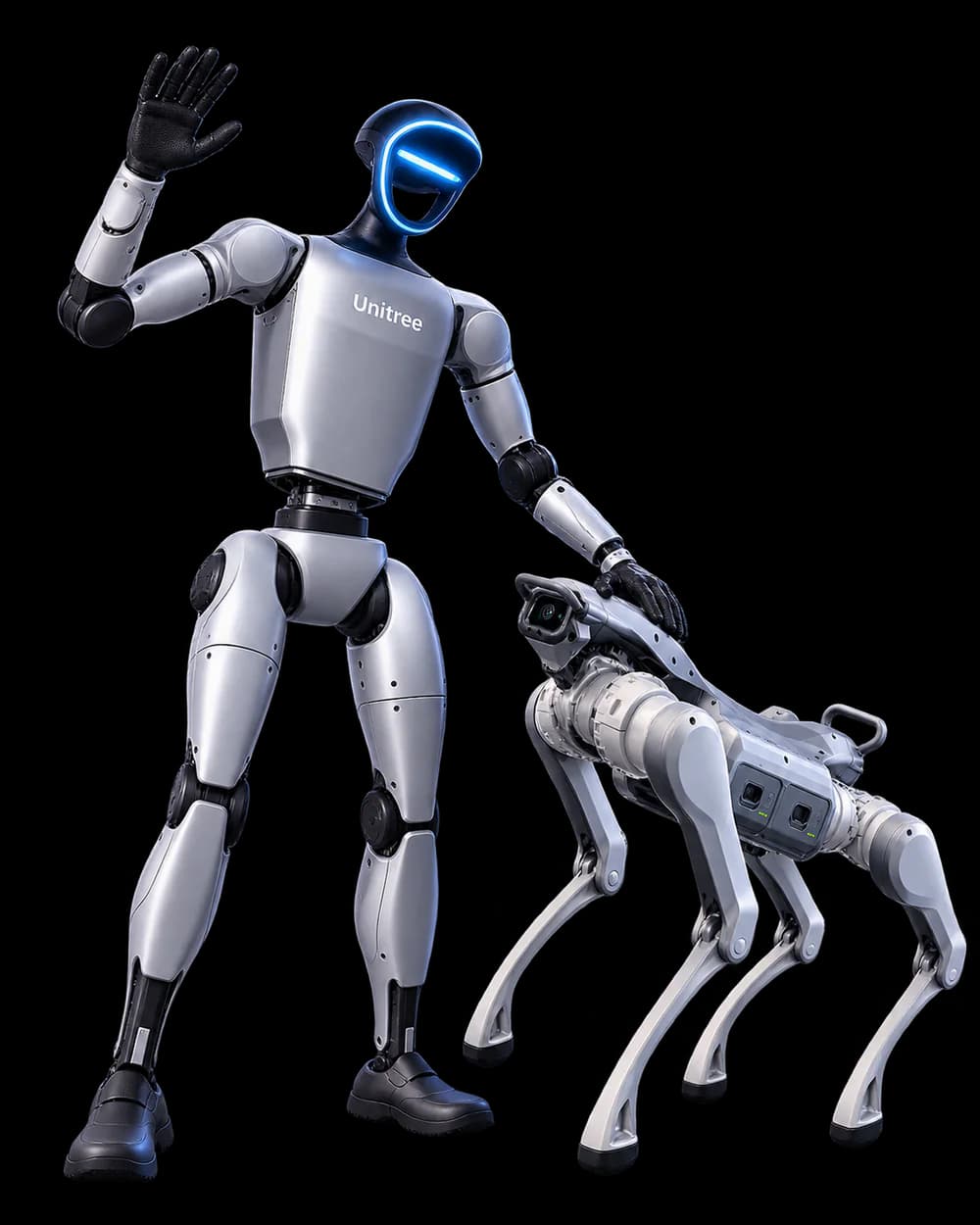 A humanoid robot waving beside a four-legged robot.