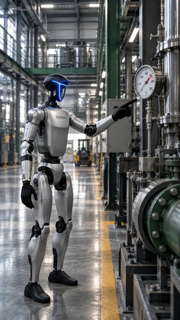 A humanoid robot pointing at a pressure gauge in an industrial facility.