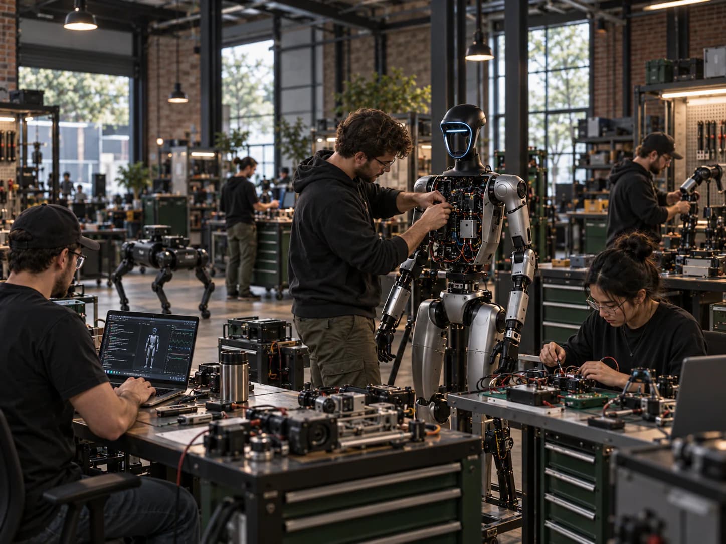 Engineers working on a humanoid robot in the shop.