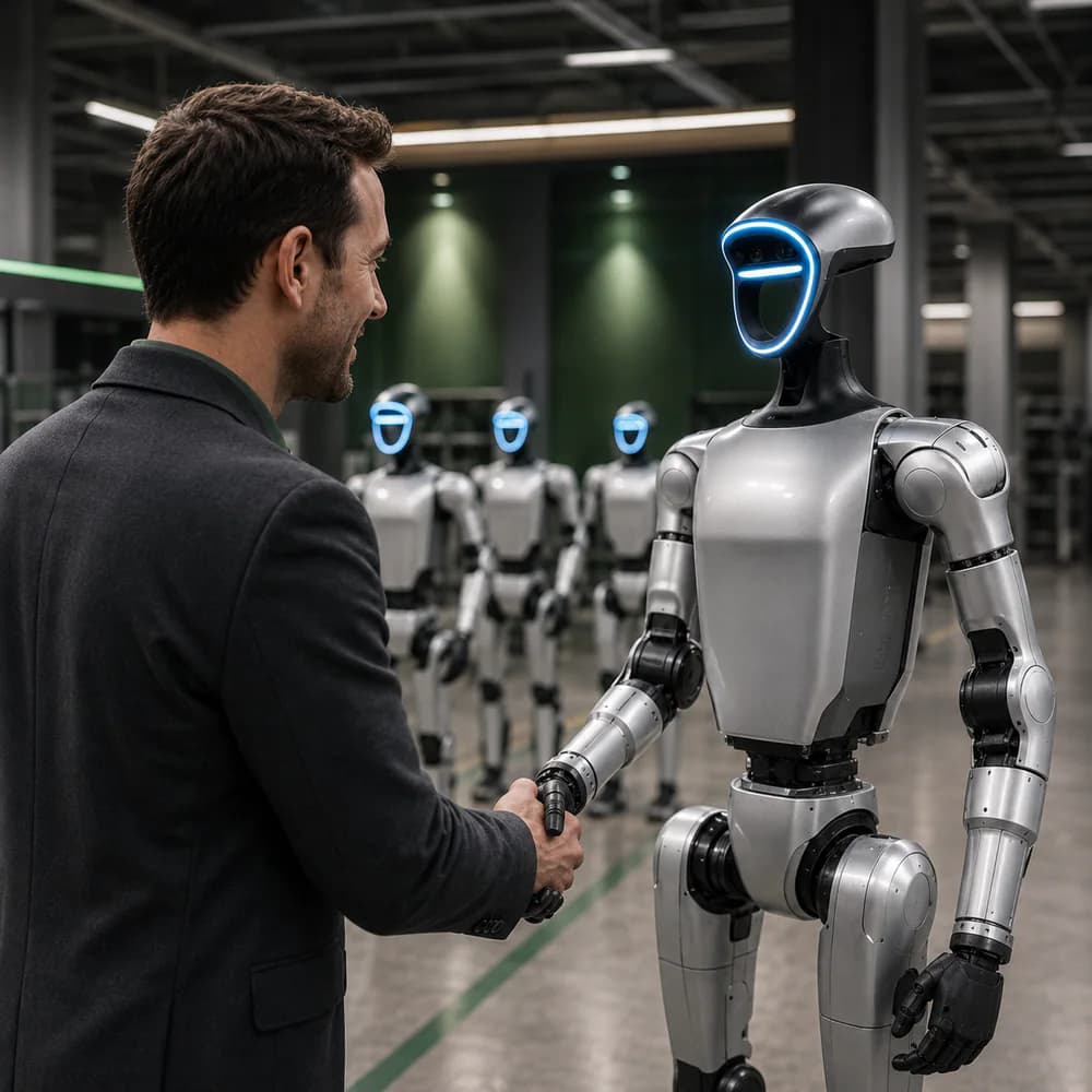 A person shaking hands with a humanoid robot.
