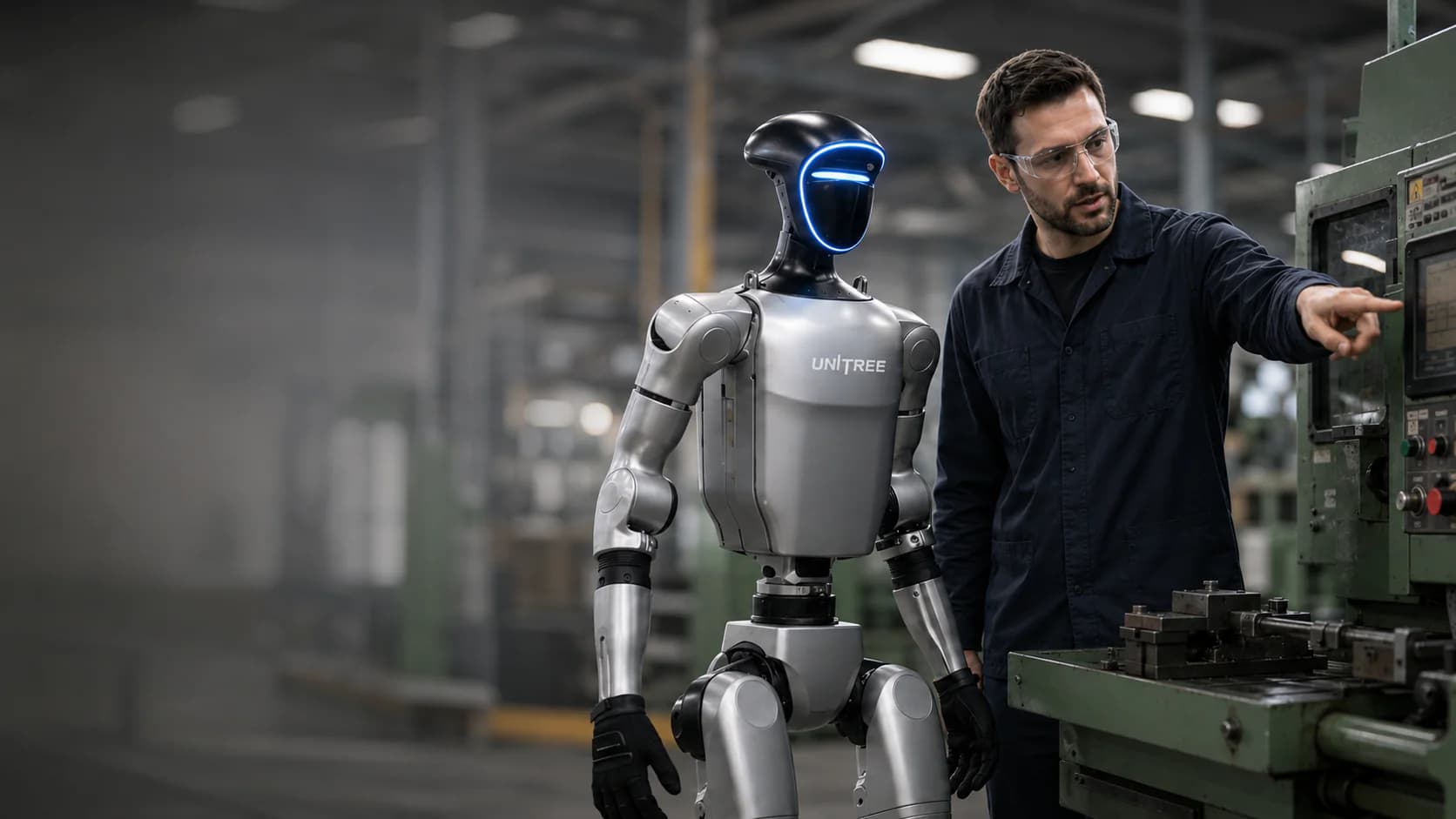 A technician working beside a humanoid robot on a factory floor.