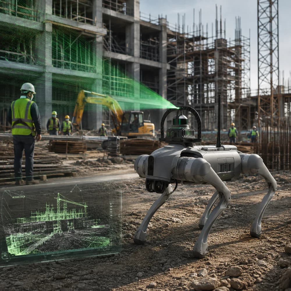 A four-legged robot scanning a construction site.