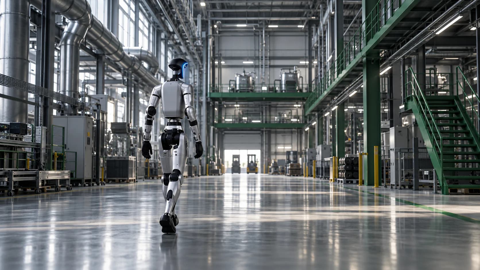 A humanoid robot walking down the aisle of an industrial facility.