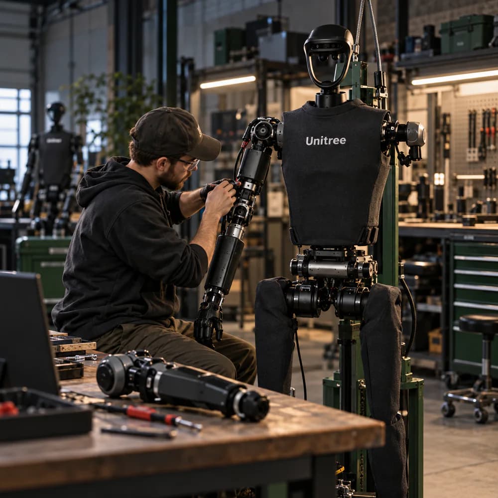 A technician working on a humanoid robot in the shop.