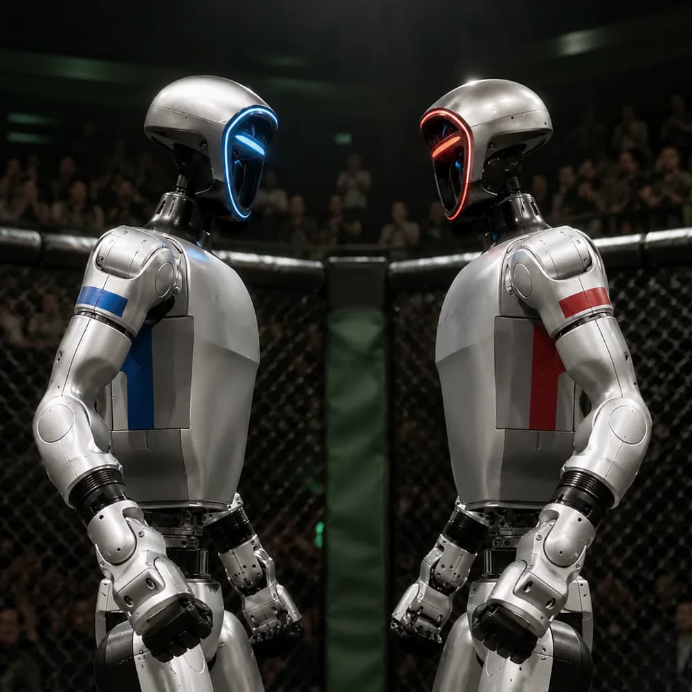 Two humanoid robots facing off in a competition cage.