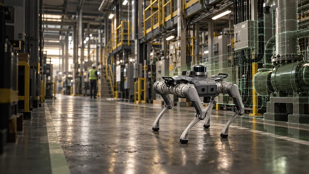 A quadruped robot scanning industrial equipment with onboard sensors.
