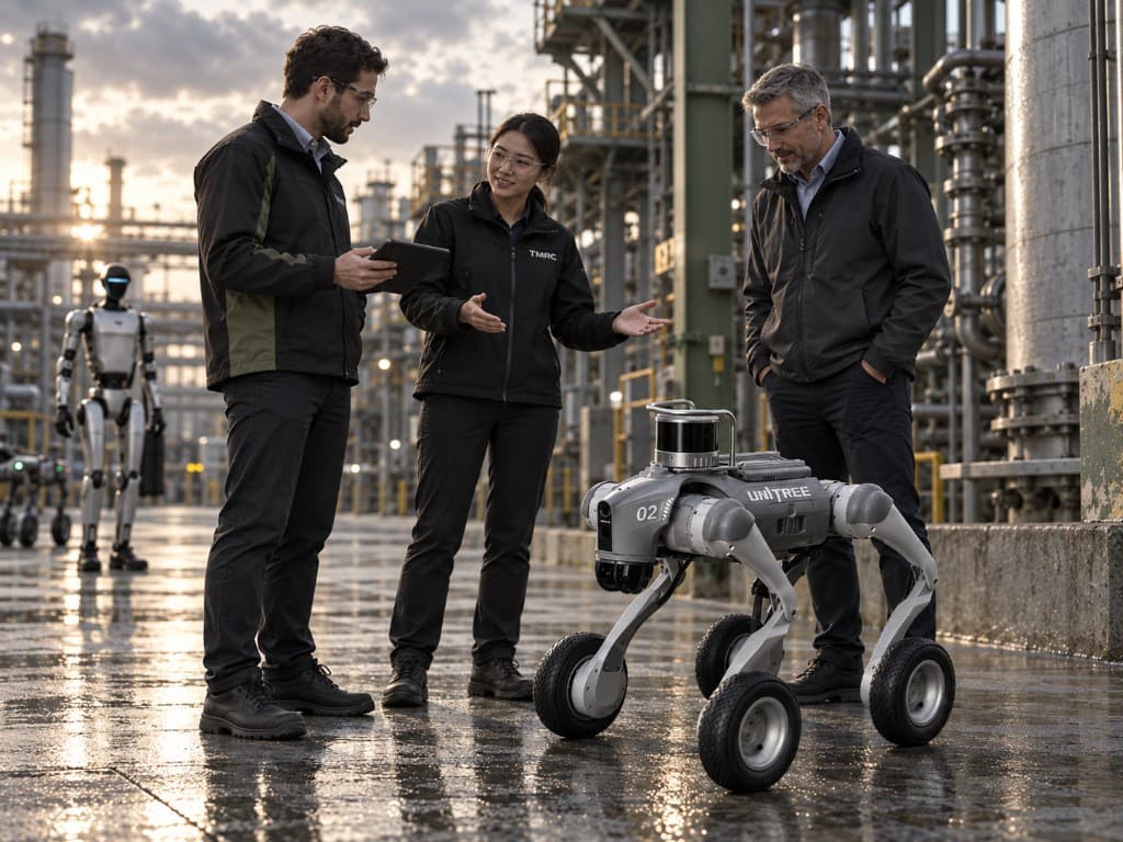 TMRC team walking through the job with a wheeled quadruped on site