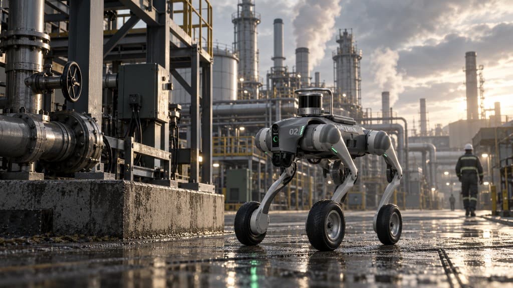 Wheeled quadruped ready for work in an industrial plant