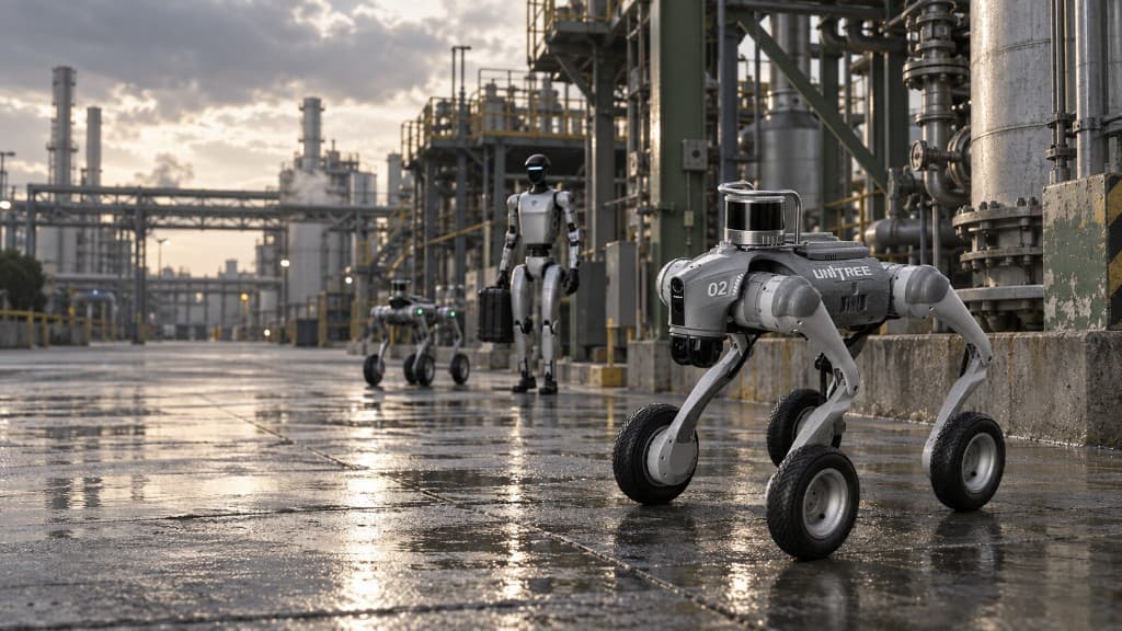 Several robotic platforms standing ready in an industrial facility