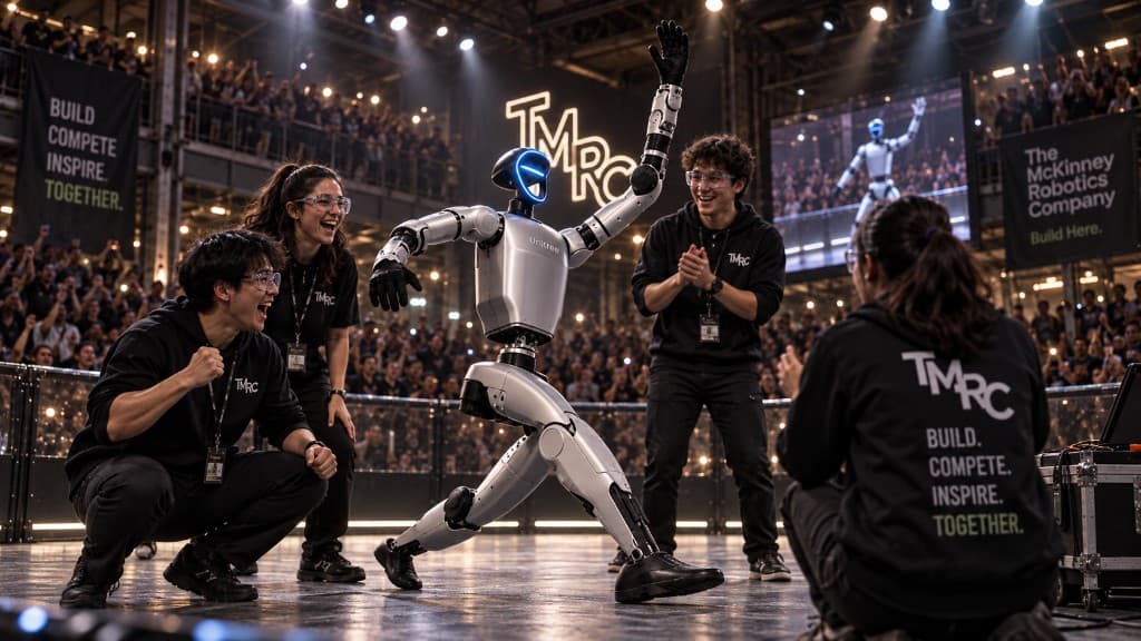 College team celebrating with a humanoid robot at the edge of the arena
