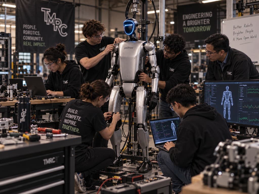 College engineering team working a humanoid through mechanical, software, and controls work