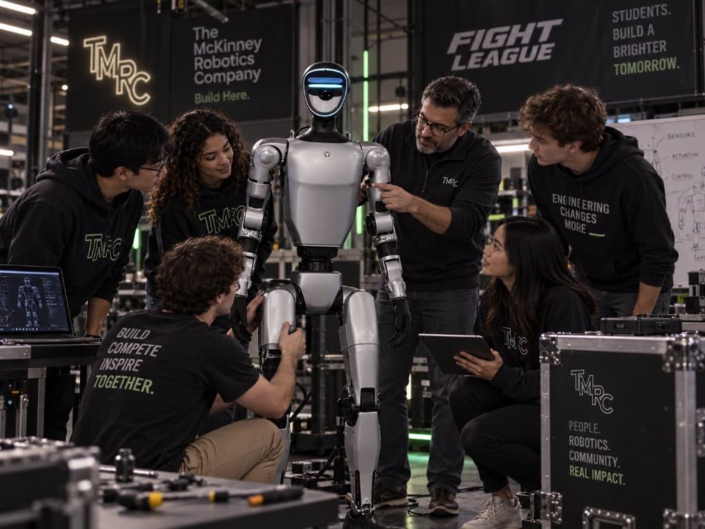 Student team inspecting a humanoid platform in a university engineering lab