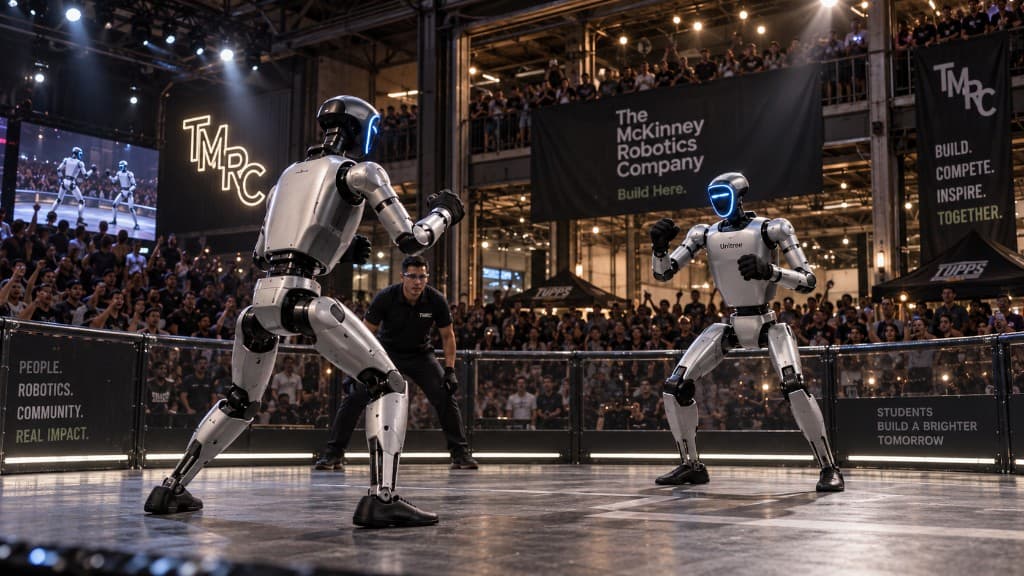 Two humanoid robots facing off in a collegiate arena
