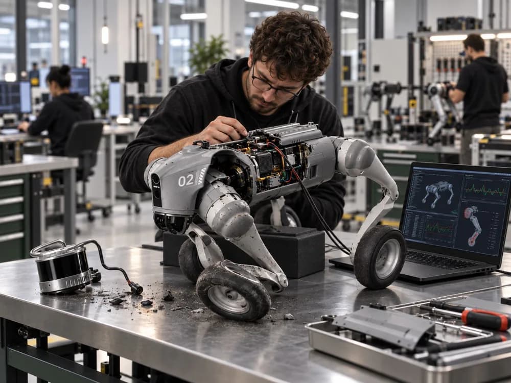Technician performing hands-on repair on a mobile robot