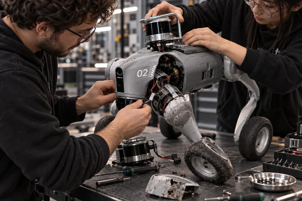 Repaired robot undergoing post-service validation and testing